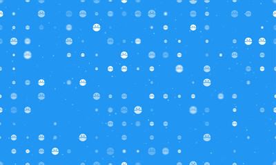 Poster - Seamless background pattern of evenly spaced white masked face symbols of different sizes and opacity. Vector illustration on blue background with stars