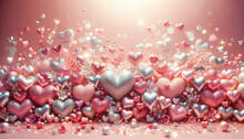 Festive Background With Hearts For Valentine's Day On Light Pink Background
