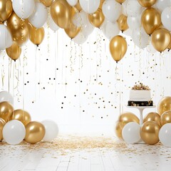Poster - Birthday background with golden balloons and confetti behind a empty stage with white background, Confetti with golden balloon background