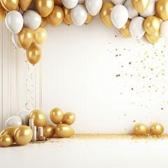 Poster - Birthday background with golden balloons and confetti behind a empty stage with white background, Confetti with golden balloon background