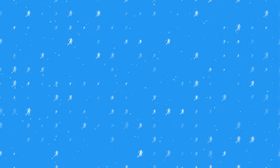 Poster - Seamless background pattern of evenly spaced white running woman symbols of different sizes and opacity. Vector illustration on blue background with stars