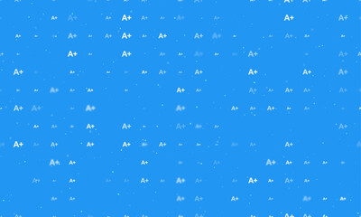Poster - Seamless background pattern of evenly spaced white A plus symbols of different sizes and opacity. Vector illustration on blue background with stars