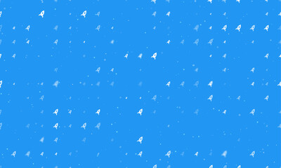 Poster - Seamless background pattern of evenly spaced white rocket symbols of different sizes and opacity. Vector illustration on blue background with stars