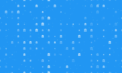 Poster - Seamless background pattern of evenly spaced white bank symbols of different sizes and opacity. Vector illustration on blue background with stars