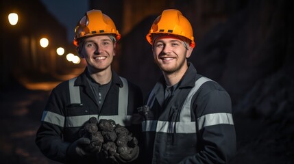 Two mine workers wearing hardhats standing in a mine