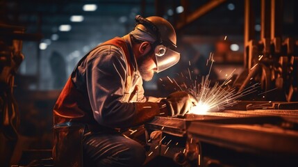 Wall Mural - Metal welder working with arc welding at wokshop, Industrial worker is welding steel products in a factory, sparks fly