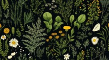  A Painting Of Wildflowers And Other Plants On A Black Background With Yellow And White Flowers In The Foreground.  Generative Ai