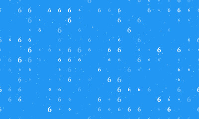  Seamless background pattern of evenly spaced white number six symbols of different sizes and opacity. Vector illustration on blue background with stars