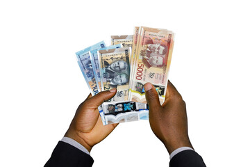 Wall Mural - Black Hands in suit holding 3D rendered Jamaican dollar notes