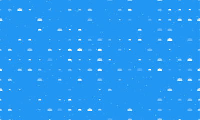 Poster - Seamless background pattern of evenly spaced white sofa symbols of different sizes and opacity. Vector illustration on blue background with stars