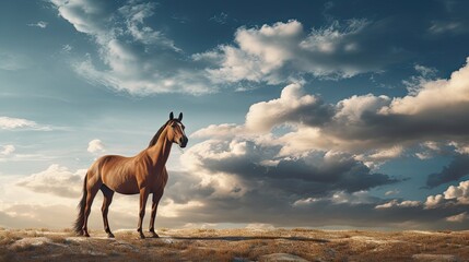  a brown horse standing on top of a dry grass covered field under a cloudy blue sky with white puffy clouds.  generative ai