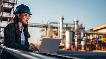 Wall Mural - Female engineer and laptop working at oil and gas plant