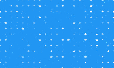 Poster - Seamless background pattern of evenly spaced white maple leaf symbols of different sizes and opacity. Vector illustration on blue background with stars