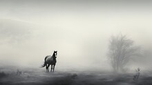  A Black And White Photo Of A Horse Standing In A Foggy Field With A Tree In The Foreground.  Generative Ai