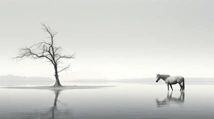 Sticker -  a white horse standing next to a tree in the middle of a body of water on a foggy day.  generative ai