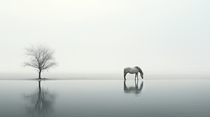 Poster -  a horse standing in the middle of a lake with a tree in the middle of the water and a lone tree in the middle of the water.  generative ai