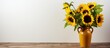 A wooden table adorned with a ceramic vase displaying vibrant sunflowers