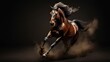  a horse is galloping through the dust on a black background with a white spot in the middle of the image.  generative ai