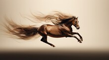  A Brown Horse Is Galloping Through The Air With Its Hair Blowing In The Wind In Front Of A Beige Background.  Generative Ai