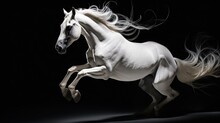  a white horse is galloping on its hind legs in the dark, with its hair blowing in the wind.  generative ai