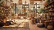 A rustic-inspired home goods store teeming with scented candles, kitchenware, and an assortment of exotic rugs neatly displayed.
