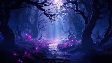 Wall Mural - Night magical fantasy forest. Forest landscape, neon, magical lights in the forest. Fairy-tale atmosphere, fog in the forest, silhouettes of trees