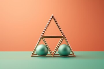 Leinwandbilder - 3D rendering of a golden pyramid with green balls on an orange background