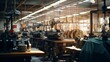 A textile factory filled with rows of industrial sewing machines, large rolls of fabric, and workers busily engaged.