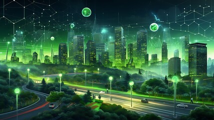 Wall Mural - Sprawling green community with Digital smart city infrastructure and rapid data network. Digital city, smart society, smart homes, digital community. DX, IOT, digital network concept