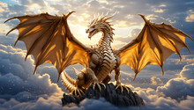 A Mighty Golden Dragon Sits On A Mountaintop Above The Clouds.