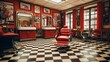 A vintage-inspired barbershop featuring checkered floors, red leather barber chairs, and a glass display of grooming tools.
