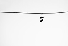 Black Silhouette Of Sneakers, Shoes Hanging From A Telephone Wire On White Sky Background. Old Sneakers Hang On An Electric Wire On A Summer Day.  Isolated On White Background. Illustration.