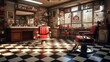 A vintage barbershop, featuring checkered floors, retro chairs, and a collection of pomades on wooden shelves.