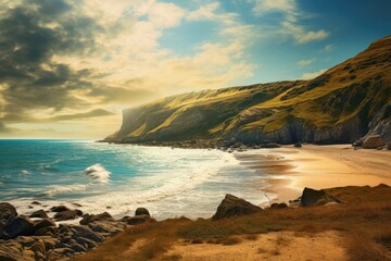 the beach next to the mountain and the cliffs in the morning sun Generative AI