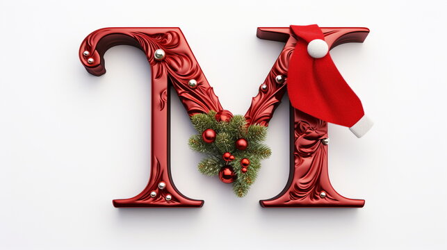 Letter M decorated with Christmas ornaments with red Santa Hat