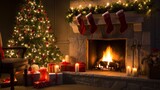 Fototapeta Nowy Jork - Christmas Glowing fireplace hearth tree. red stocking