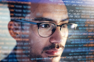 Leinwandbilder - Man, face and programming at night with overlay or dashboard of code, malware or software at the office. Male person, coder or programmer working late in development, problem solving or algorithm