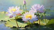  a painting of water lilies in a pond with lily pads in the foreground and a blue sky in the background.  generative ai