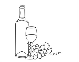 Wall Mural - Bottle of wine with wineglass and grape bunch in continuous line art drawing style. Minimalist black linear sketch isolated on white background. Vector illustration