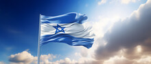 Israel Flag Blowing In The Wind Banner With A Star Of David Over Cloudy Sky Background. 