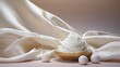  a bowl of whipped cream sitting on top of a table next to three eggs on top of a table cloth.  generative ai