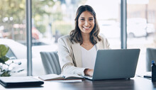 Lawyer, Portrait And Laptop In Office Planning, Legal Consulting Or Policy Review Feedback In Corporate Law Firm. Smile, Happy And Attorney Woman On Technology In Case Research Or Schedule Management