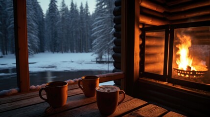 Wall Mural - Two cups of coffee sit on a wooden table near a fire, AI