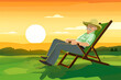 © XaMaps - Farmer relaxing in rocking chair overseeing prosperous farm at day's end.