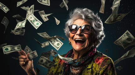 Wall Mural - Senior woman stands under money fly rain.