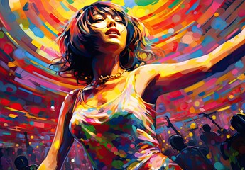 A girl dances dynamically in a club in the style of a painted picture. Digital art. Illustration for cover, card,  interior design, banner, poster, brochure or presentation.