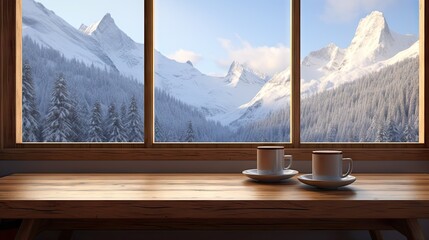 Sticker -  two cups and saucers sit on a wooden table in front of a window overlooking a mountain range with snow covered mountains.  generative ai