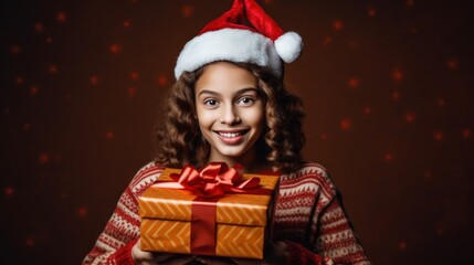 Wall Mural - happy young cheerful girl laughs and jumps in christmas hat and with gift on red background.