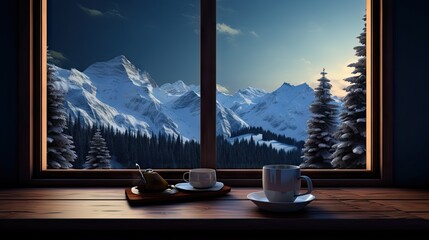 Wall Mural -  two cups of coffee sit on a table in front of a window with a view of a snowy mountain range.  generative ai