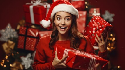 Wall Mural - happy young cheerful girl laughs and jumps in christmas hat and with gift on red background.